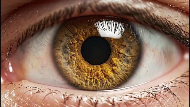 Extreme close-up of yellow human eye iris, pupil slowly opening, detailed texture, cinematic lighting, calm mood, macro slow motion, sharp focus, 4K HD video