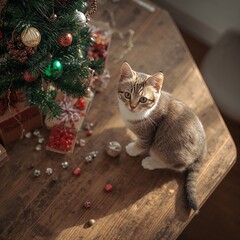 cat and christmas tree