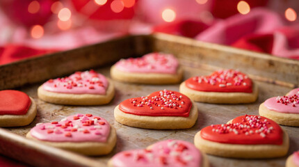 Heart-shaped cookies with pink and red icing and colorful sprinkles on a wooden tray