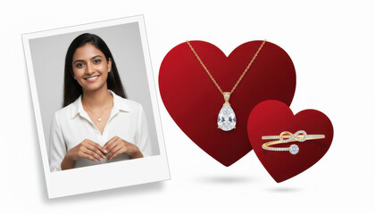 Smiling woman, elegant diamond jewelry, hearts, perfect gifts