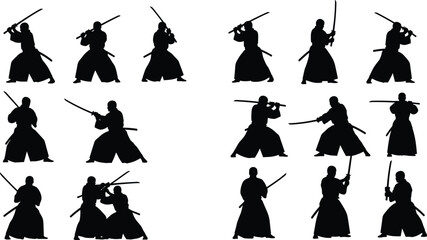 Samurai sword silhouette, martial arts vector, black combat icons, katana fighting poses, traditional training design, warrior movement illustration