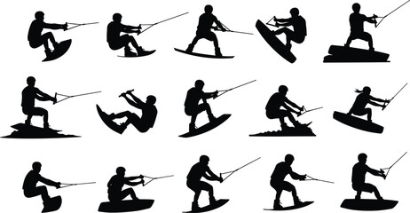 Wakeboarding silhouette vector, black water sport icons, dynamic rider poses, rope action illustration, extreme movement graphic, athletic stunt design art © MdHasan