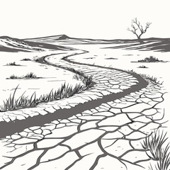 Dry cracked earth path through open arid land with sparse vegetation ©  AMINA 1122