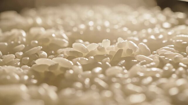 Close up of boiling white rice with steam and bubbles for culinary background