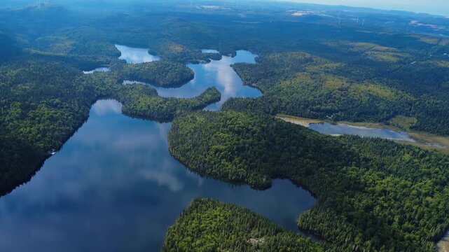 An aerial panoramic landscape reveals a succession of intertwined lakes in the heart of a dense and virgin forest, mirror-like waters and in the distance, wind turbines on rolling hills.