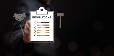 Business regulations and compliance concept with an approved legal paper checklist and icons, symbolizing corporate governance, policy adherence, law, risk management, and regulatory compliance.