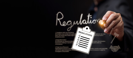 Business regulation and compliance concept. Man with stylus, handwritten regulation text and approved checklist. Legal governance, policy enforcement, corporate rules, regulatory compliance management