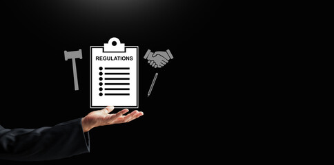 Business regulations and compliance concept with legal document checklist, governance, and agreement icons floating above an open hand, symbolizing law, policy, corporate rules, and risk management.