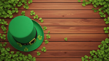 A vibrant green leprechaun hat rests on a rustic wooden surface with clover accents