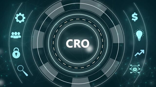 CRO concept with interconnected icons and with gears background Keywords: CRO, conversion rate optimization, marketing, business, strategy, website, online