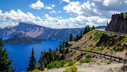 A scenic view of a deep blue lake surrounded by mountains and a winding road along a cliff, under a partly cloudy sky