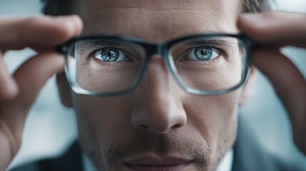 Businessman in glasses embodying confident leadership and vision of success, with copy space for a vision statement or strategy message.
