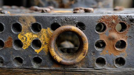 Industrial grime weathered metal sheet, circular perforations, rust burn marks, abstract composition, texture contrast, aged metalwork, with copy space