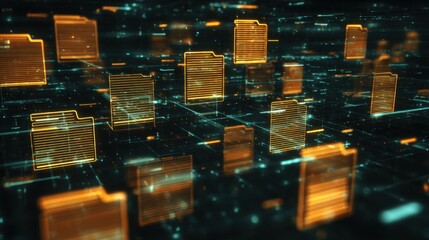 Data storage and management system with glowing digital file icons in a virtual environment