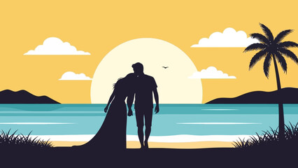 Couple Walking Together on Beach at Sunset.