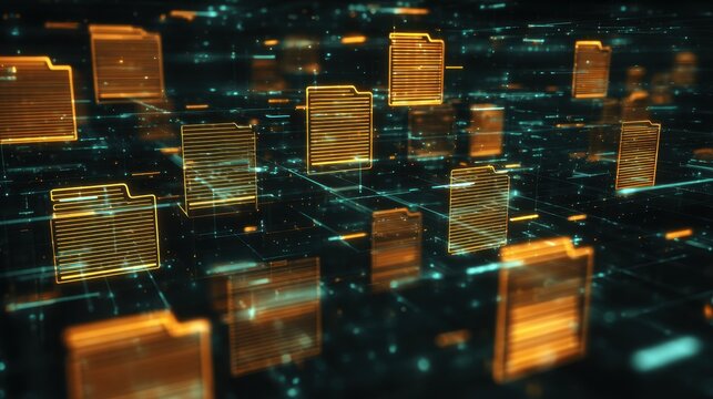 Data storage and management system with glowing digital file icons in a virtual environment - Powered by Adobe