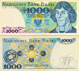 1000 Zlotych of Poland with a portrait of astronomer Nicolai Copernik. Paper money of Poland