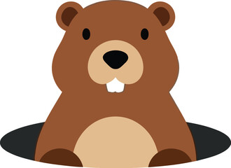 Fototapeta premium Cute brown bear emerging from snowy hole in winter landscape