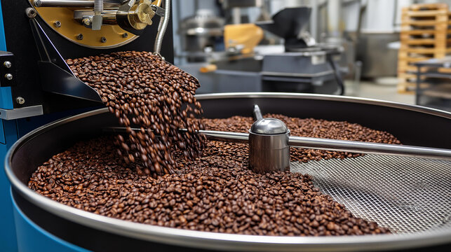 Coffee roaster cooling tray, professional roasting machine, crucial cooling stage, coffee bean processing, quality and flavor essential, with copy space