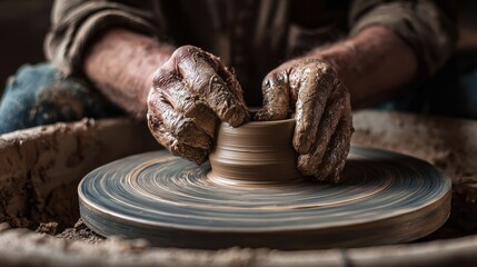 Potter shapes clay on wheel during manual craft in a studio setting in the afternoon light
