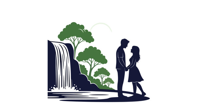 Couple Holding Hands Near Waterfall Illustration.