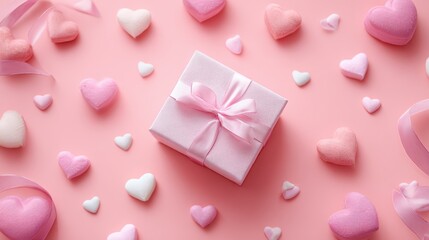 Gift box with heart decoration on a pink background, capturing a sweet Valentine&rsquo;s Day celebration mood.
