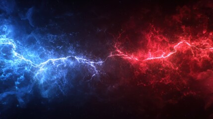 Electric energy in blue and red colors with swirling clouds in a dark background during a dynamic scene