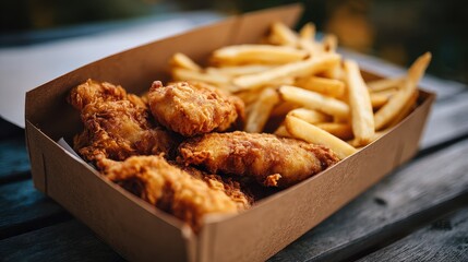 Enjoying fried chicken and fries in a takeout box on a wooden table during daytime