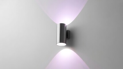 Modern cylindrical stainless steel up down outdoor wall light fixture casting dramatic purple light beams on a gray surface