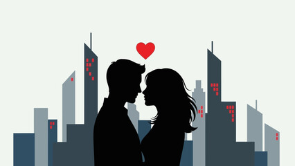 Couple Silhouette Kissing with Heart Above.