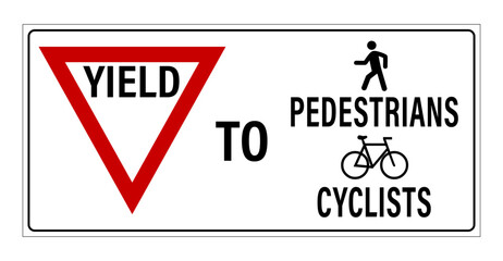 Yield to pedestrians and cyclists. Road sign with give way symbol, symbols of person walking, bicycle and text