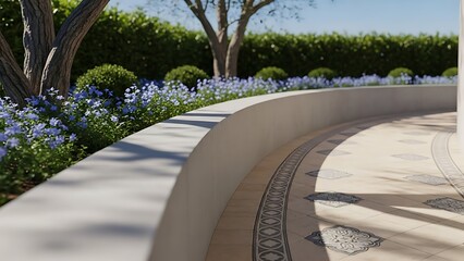Beautiful garden pathway with flowers and trees on a sunny day, outdoor landscaping design with decorative stone and hedge