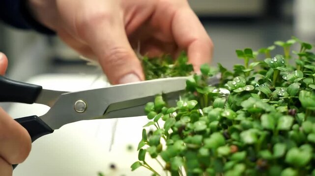 A person is trimming microgreens with scissors