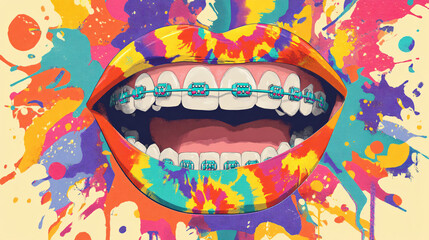 Colorful illustration of mouth with teeth wearing orthodontic braces
