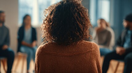 Group discussion takes place in a bright room with people engaged in conversation and sharing experiences