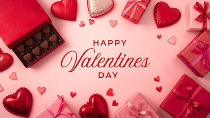 Valentine&rsquo;s Day background featuring hearts, valentines day greeting card, &ldquo;Happy Valentine&rsquo;s Day&rdquo; text, red roses, and chocolates.