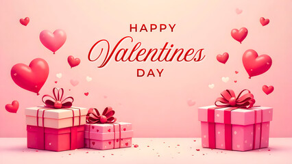 Valentine&rsquo;s Day background featuring hearts, valentines day greeting card, &ldquo;Happy Valentine&rsquo;s Day&rdquo; text, red roses, gifts, and chocolates.