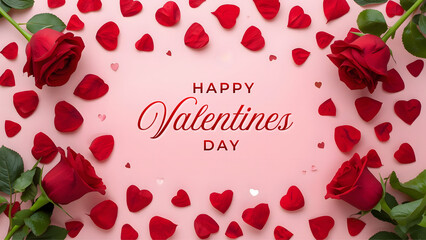 Valentine&rsquo;s Day background featuring hearts, valentines day greeting card, &ldquo;Happy Valentine&rsquo;s Day&rdquo; text, red roses, and chocolates.