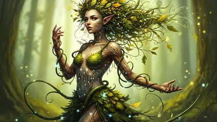 Fantasy female figure with leaves and vines in a mystical forest.
