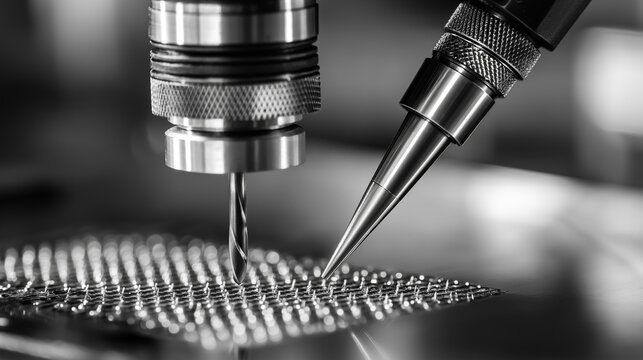 Closeup of precision tool piercing porous material surface, industrial process, manufacturing operation, fabrication detail, metalworking technique, with copy space