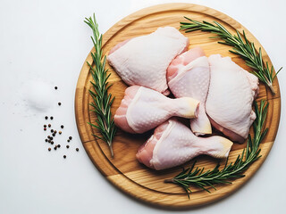Raw chicken thighs on wooden board with rosemary