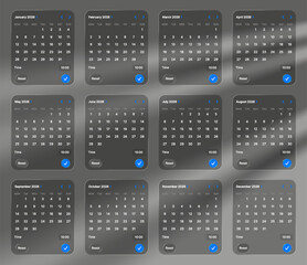 Full year 2026 calendar showing all twelve months in a clean with liquid glass design