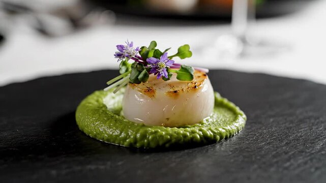 Gourmet dish presentation close up of decorated food with tweezers and greens