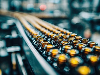 Amber glass bottles aligned tightly on conveyor belt