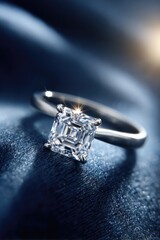 Diamond ring glistens atop soft, draped, blue fabric