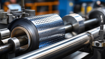 Fototapeta premium Perforated metal profile moving through steel rolling machine, precision manufacturing process, factory setting, construction material production, with copy space