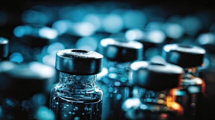 Medical vials, close-up, blue tint, droplets, black background