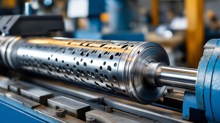 Naklejka premium Perforated metal profile moving through steel rolling machine, precision manufacturing process, factory setting, construction material production, with copy space