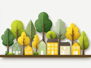 Row of houses and trees, cut-paper style, on a shelf