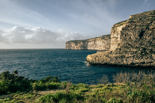View of the Dingli Cliffs, the steep coastline of Gozo, Malta.